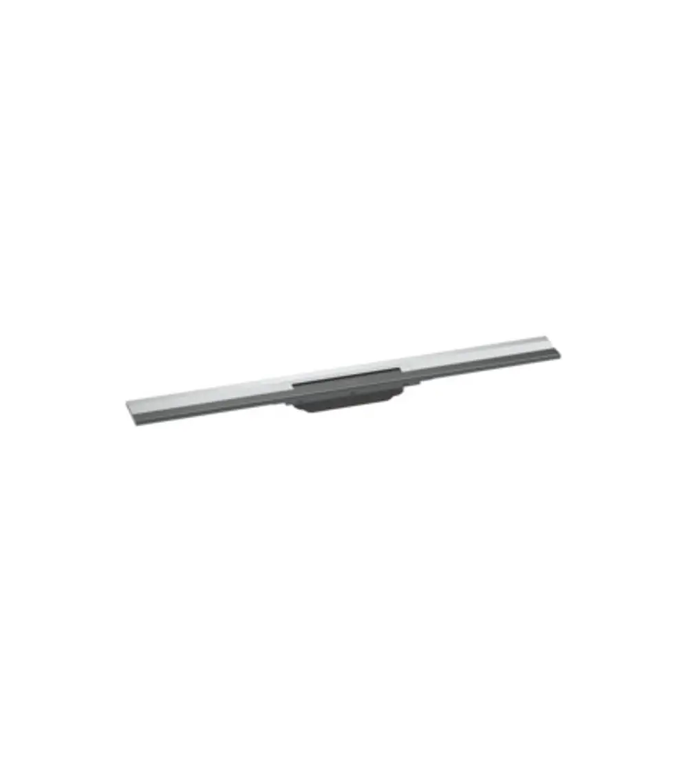 Einfache Chrom-Duschrinne von Hansgrohe, lang und schmal, geeignet zur Wandmontage, mit flexibler Kürzungsoption für individuelle Anpassungen.